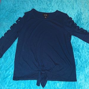 Navy blue long sleeve criss cross cutout shirt